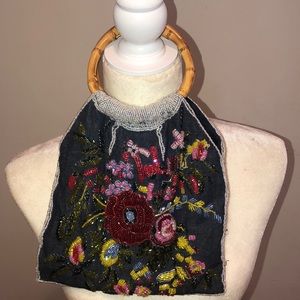 Bamboo handle denim purse
